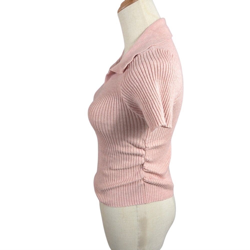 TWEE Pink Ribbed Collared Ruched Sweater Top - Picture 5 of 7